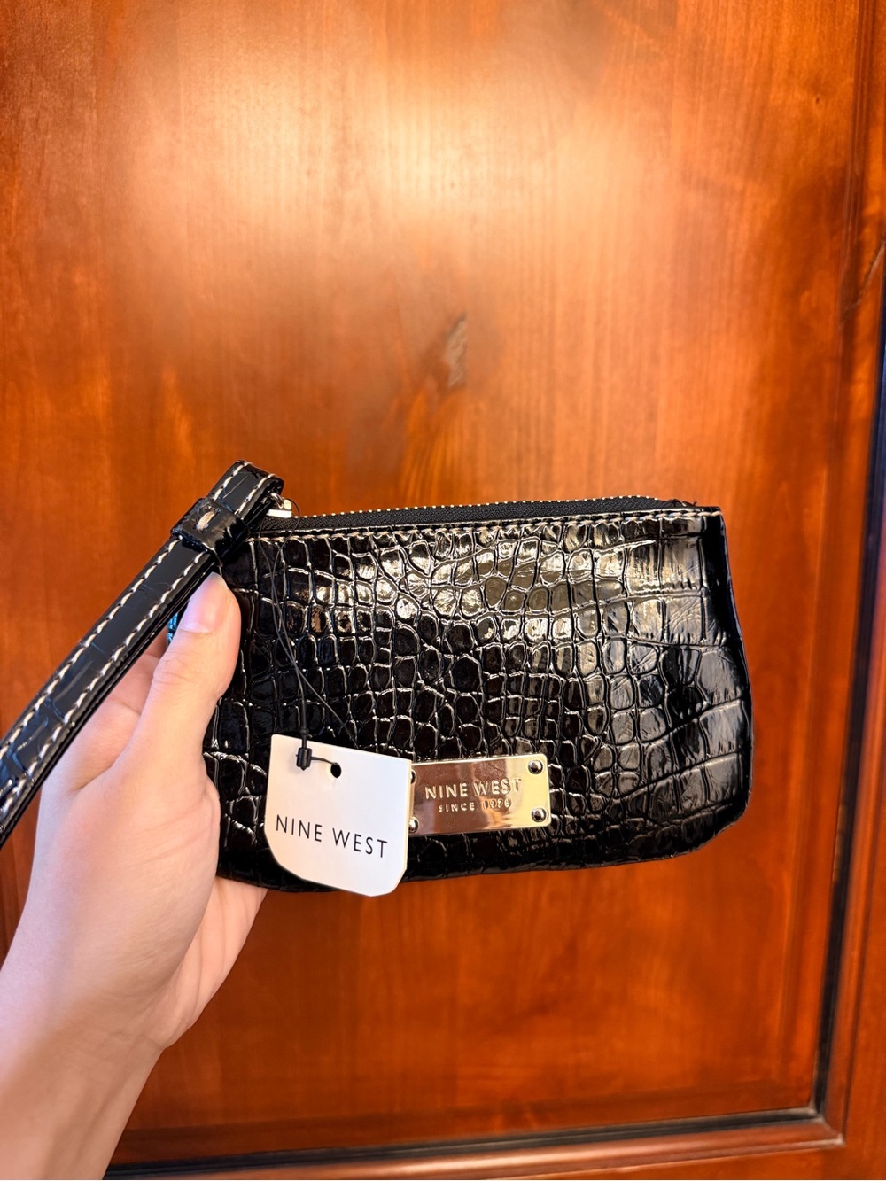 NWT Nine West Black Croc-Embossed Wristlet
